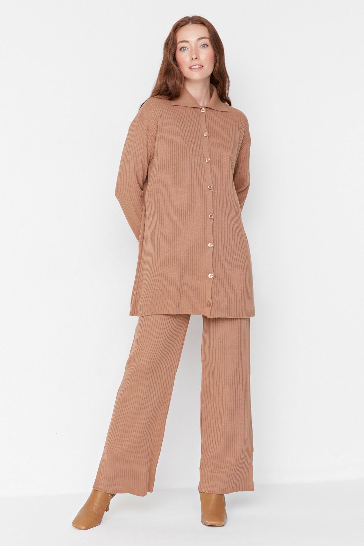 Camel Slit Detailed Cardigan-pants Knitwear Set Tctaw23us00028