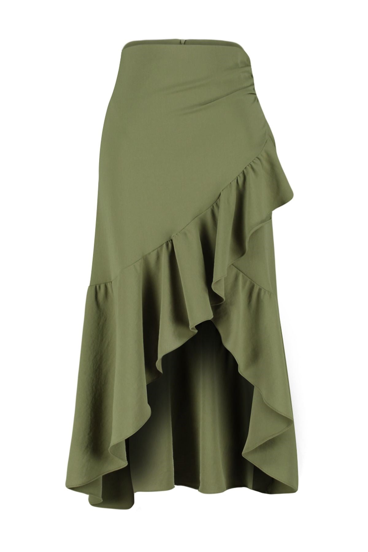 Khaki Ruffle Double-breasted Closure Midi Length Woven Skirt Twoss24et00001