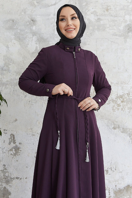 Velvet Collar Button Belt Knitted Abaya - Plum Ms00tz7001