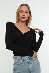 Black Padded Drape Detailed Fitted/body Fitting Flexible Studs Knitted Bodysuit Twoaw22bd0156