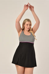 Women's Plus Size Black Mixed Pattern Jumper Interlock Adjustable Strap Stylish Dress Swimsuit 20231