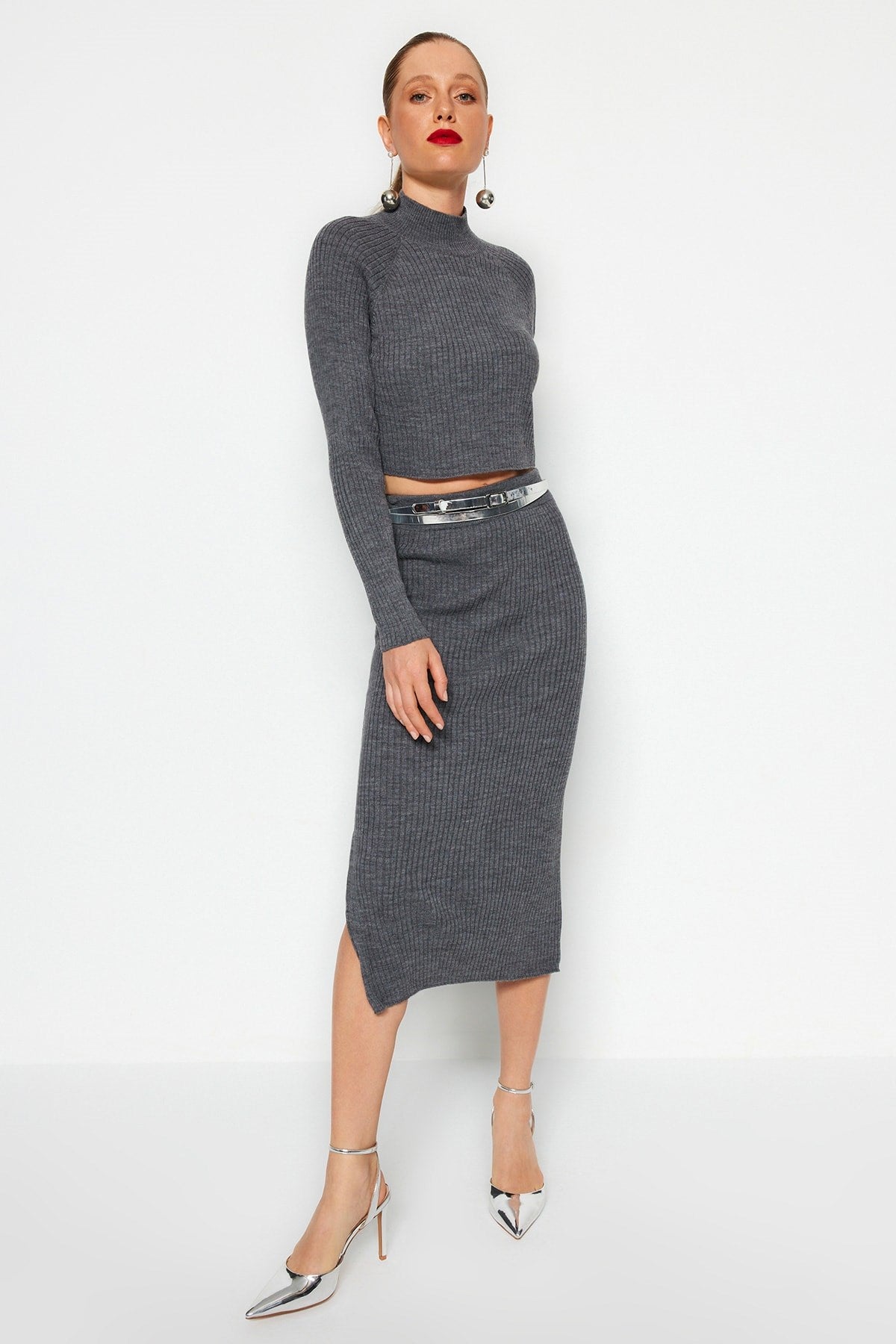 Black Crop Basic Skirt Knit Bottom Top Set Twoaw23au00170