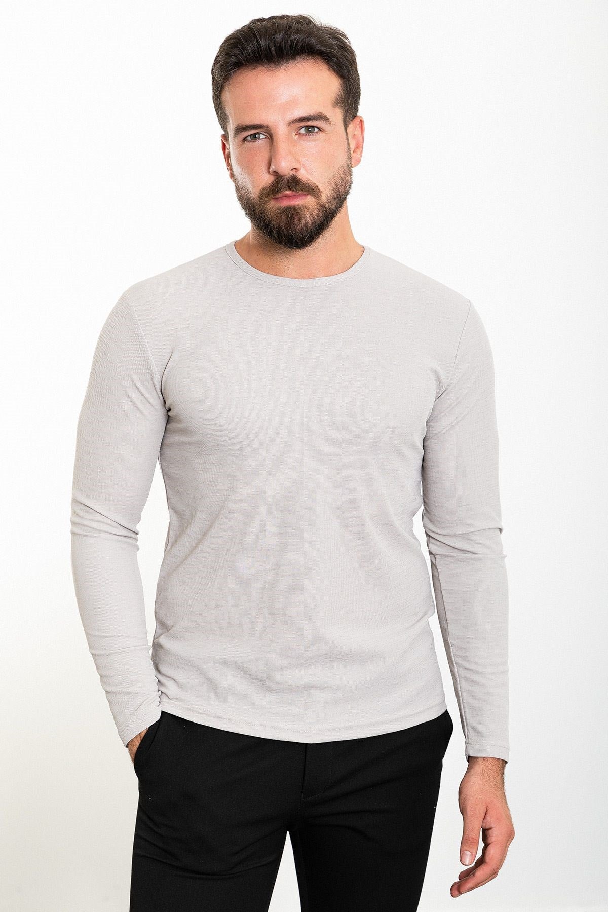 Plain Black Slim Fit Crew Neck Long Sleeve Mens T-shirt 36801.23k