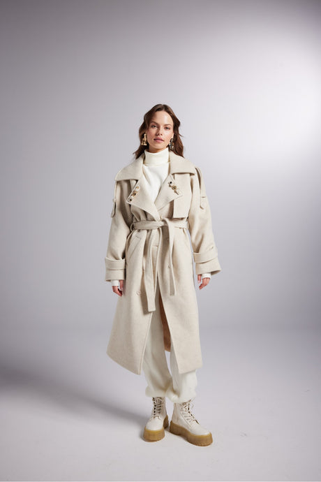 Accessory Detailed Wool Blend Maxi Size Woody Coat Ecru Hlwoodycoat