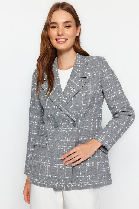 Black Tweed Regular Woven Plaid Blazer Jacket Twoaw21ce0105