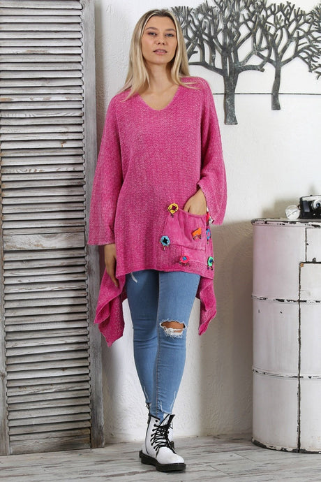 Pink V Neck Spanish Sleeve Pocket Embroidered Knitwear Asymmetric Tunic M10010500tn99549