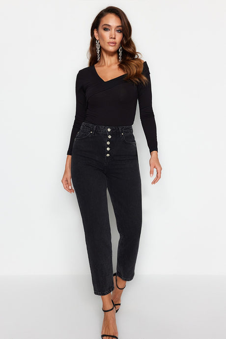 Black Front Button High Waist Mom Jeans Twoaw24je00071