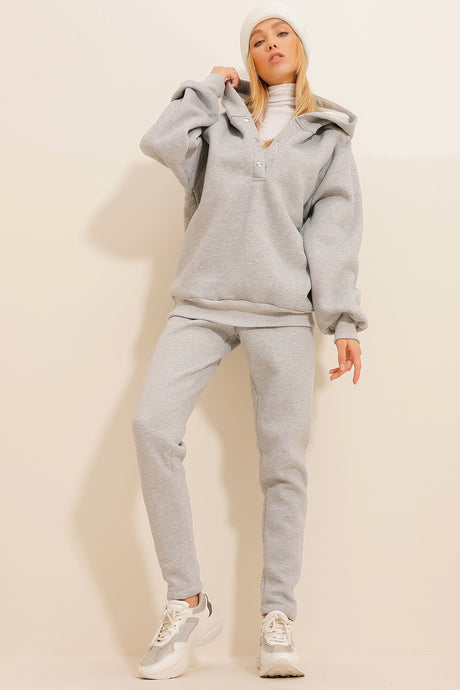 Women's Grey 3-thread Charcoal Hooded And Snap Closure Tracksuit Set Alc-x11074