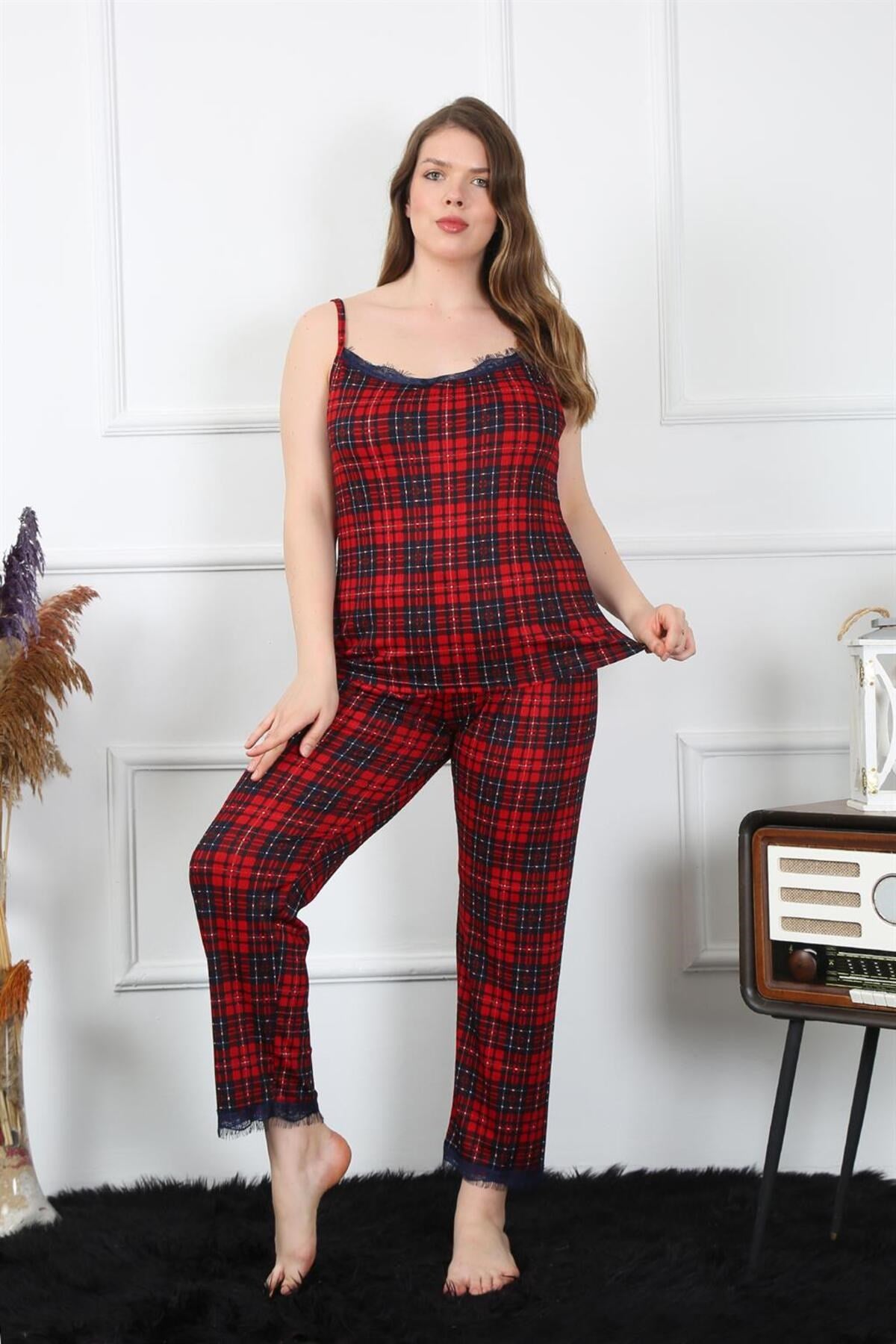 Women's Plus Size Red Plaid Rope Strap Sleepwear Set 202197