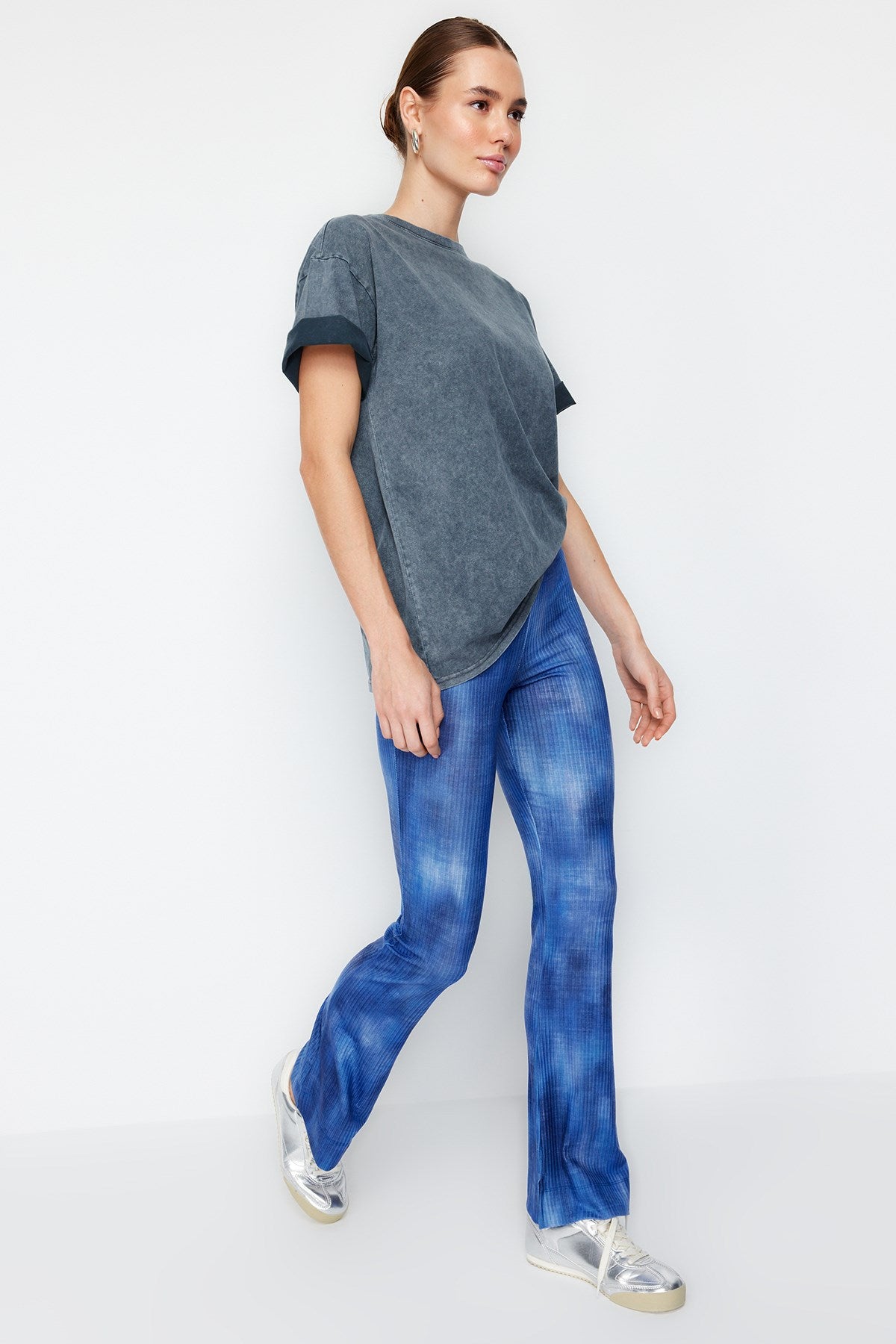 Blue Abstract Patterned Flare/spanish Leg Stretch Pants Twoss24pl00093