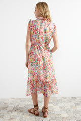 Yellow Floral Print A Cut Midi Lined Chiffon Woven Dress Twoss23el01840