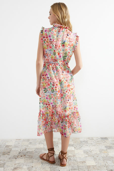 Yellow Floral Print A Cut Midi Lined Chiffon Woven Dress Twoss23el01840