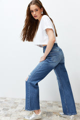 Blue Ripped High Waist Wide Leg Jeans Twoss24je00199