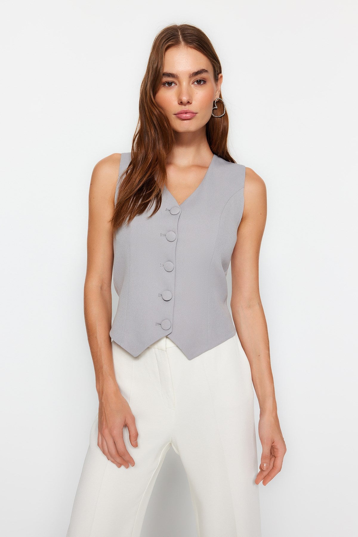 Light Blue Fitted Buttoned Woven Vest Twoss21ye0009