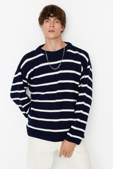 Ecru Unisex Oversize Fit Wide Pattern Cycling Collar Striped Knitwear Sweater Tmnaw23kz00285