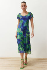 Blue Floral Square Neckline Midi A Cut/bell Form Knitted Midi Dress Twoss24el00876