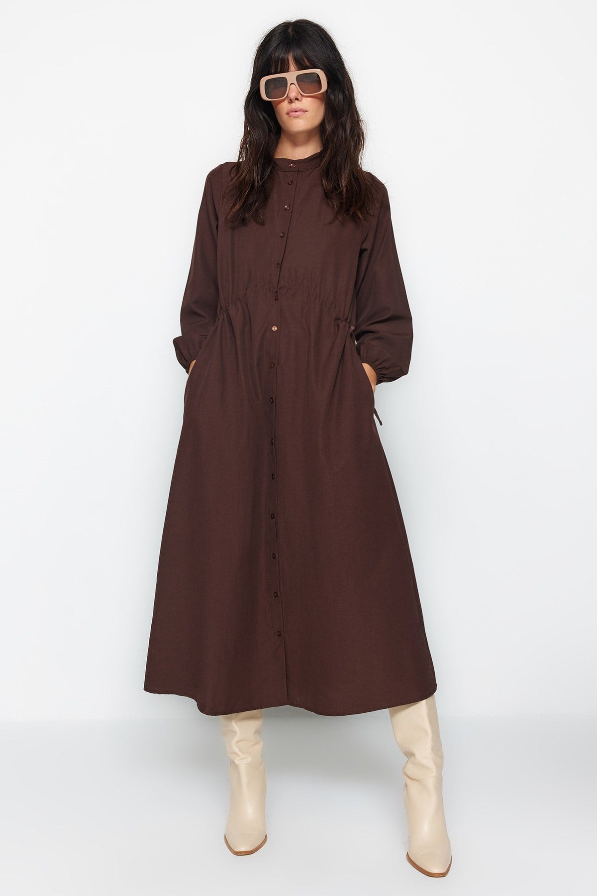 Brown Waist Adjustable Stopper Detailed Woven Cotton Dress Tctaw24eb00068