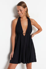 Black Mini Woven Back Neckline Beach Dress Tbess23el00061