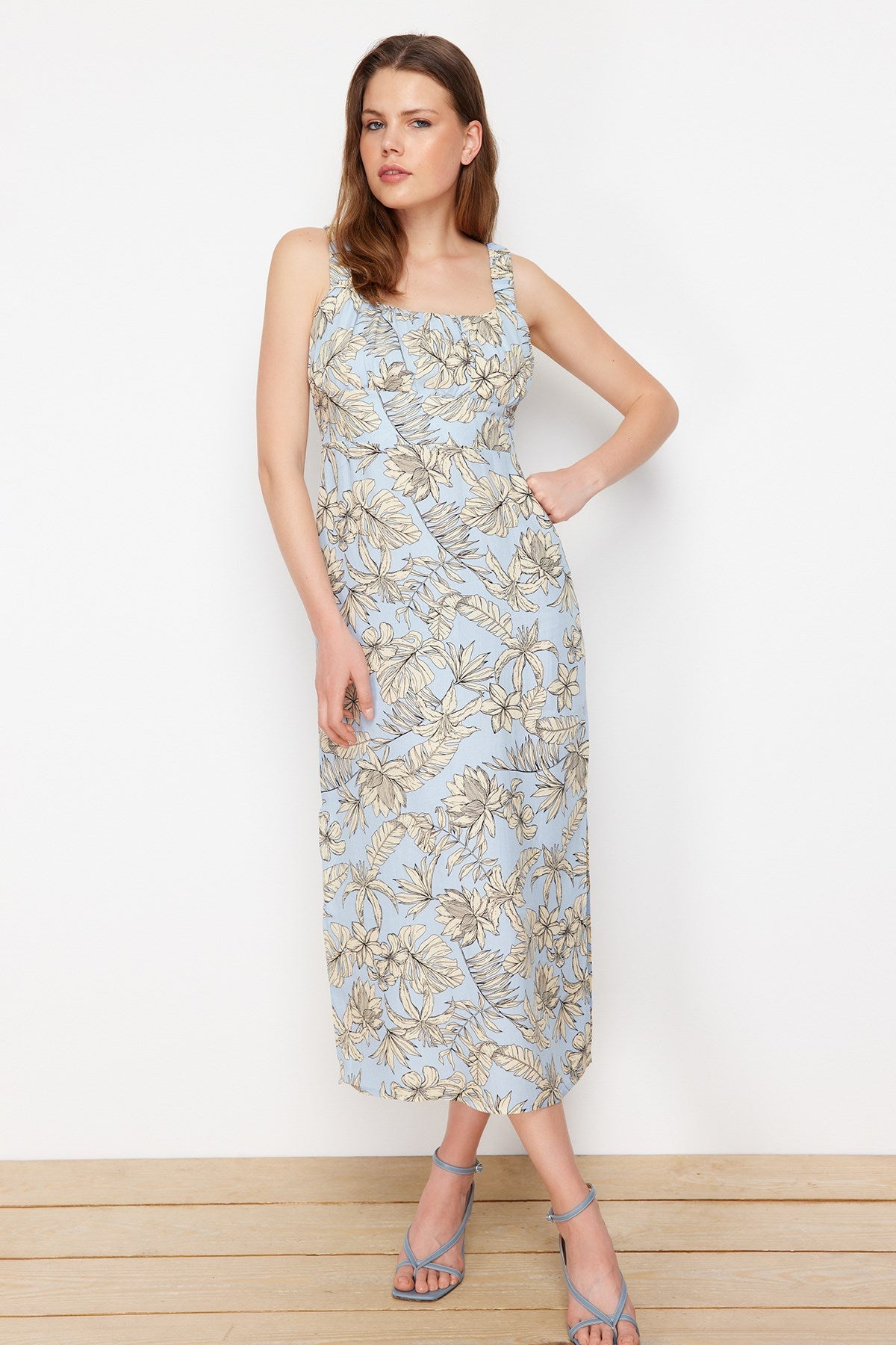 Light Blue Floral Viscose Maxi Woven Dress Twoss24el00613