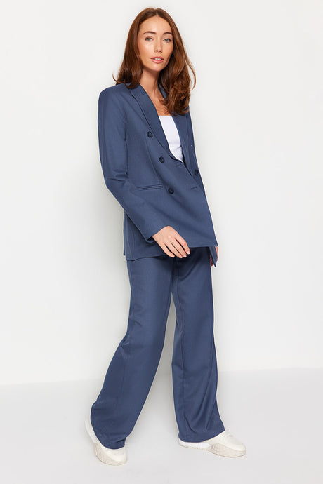 Blue Woven Blazer Jacket And Straight Straight Cut Pants Bottom-top Suit Twoaw24au00138