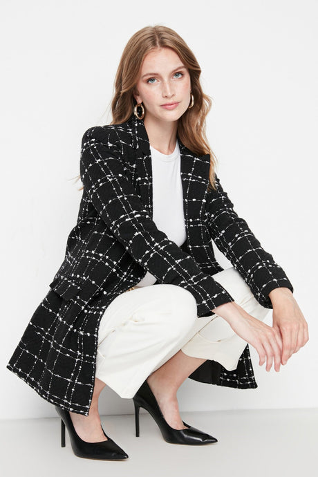 Black Tweed Regular Woven Plaid Blazer Jacket Twoaw21ce0105