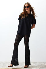 Black Lace Flare/spanish Leg Stretch Knit Pants Twoss24pl00095