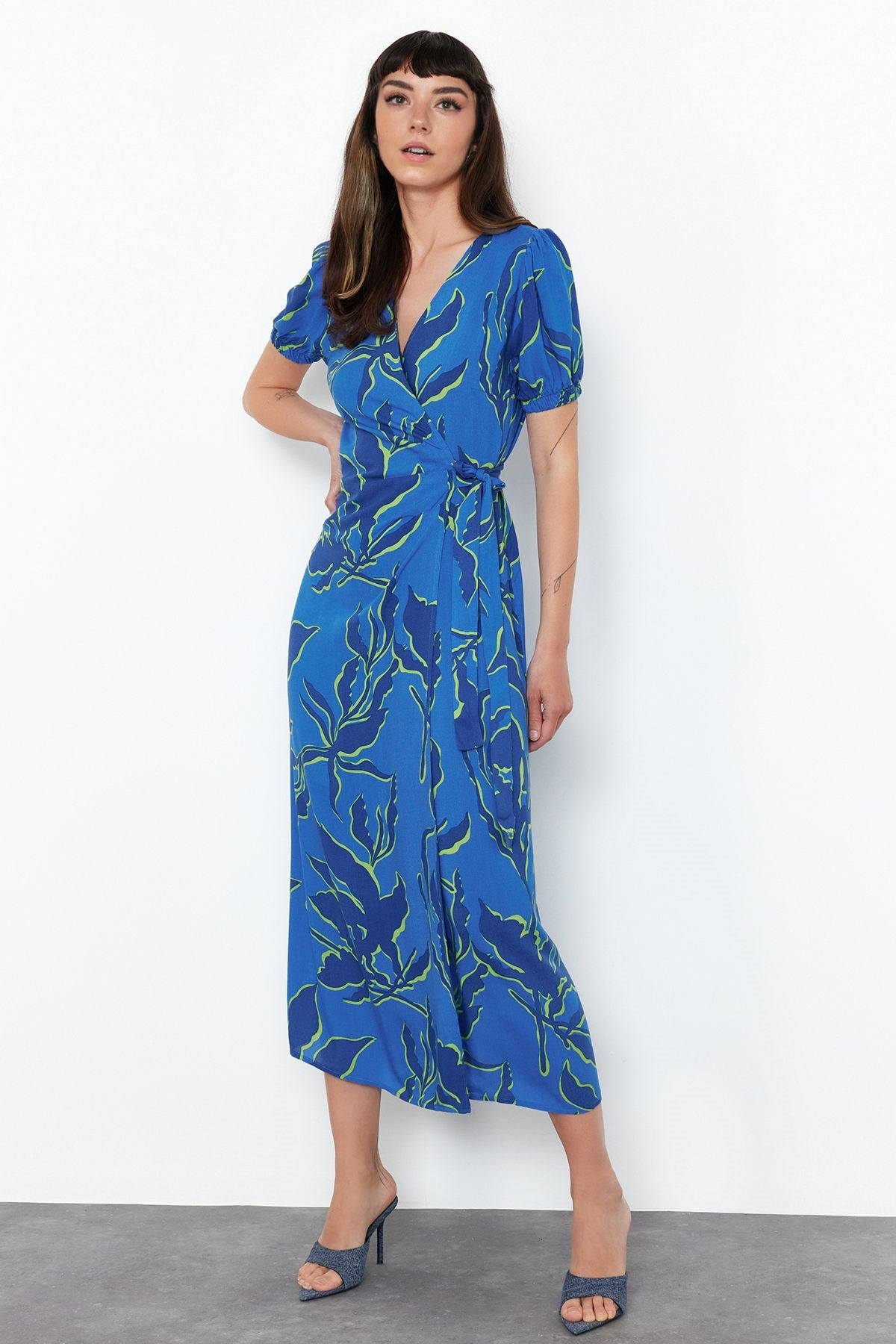 Blue Floral Print Double-breasted Viscose Midi Woven Dress Twoss24el00686