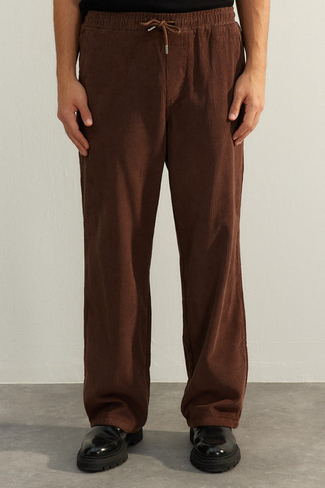 Limited Edition Brown Mens Velvet Wide Leg Pants Tmnaw24pl00009