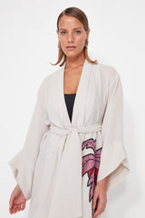 Beige Palm Printed Belted Maxi Woven Kimono&kaftan Tbess23km00039