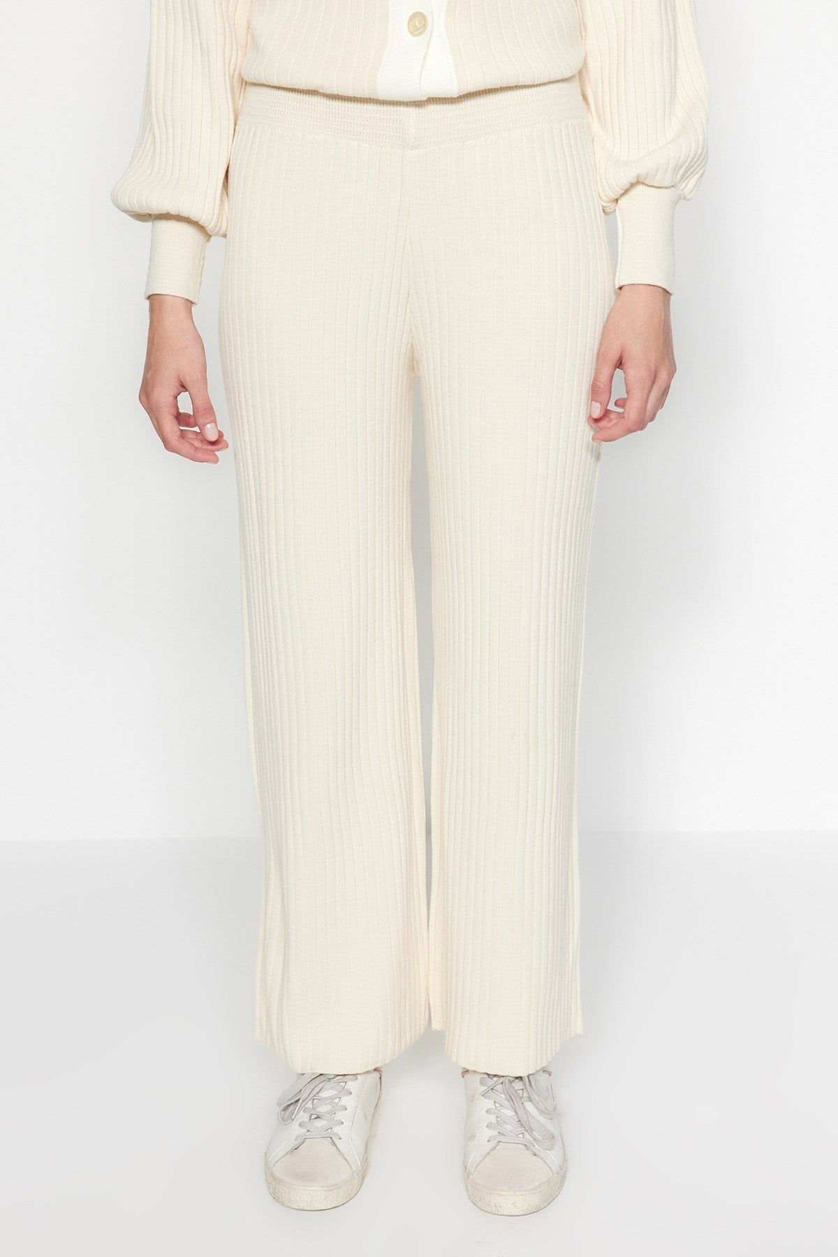 Light Beige Color Block Ribbed Cardigan-pants Knitwear Bottom-top Suit Tctaw24us00090