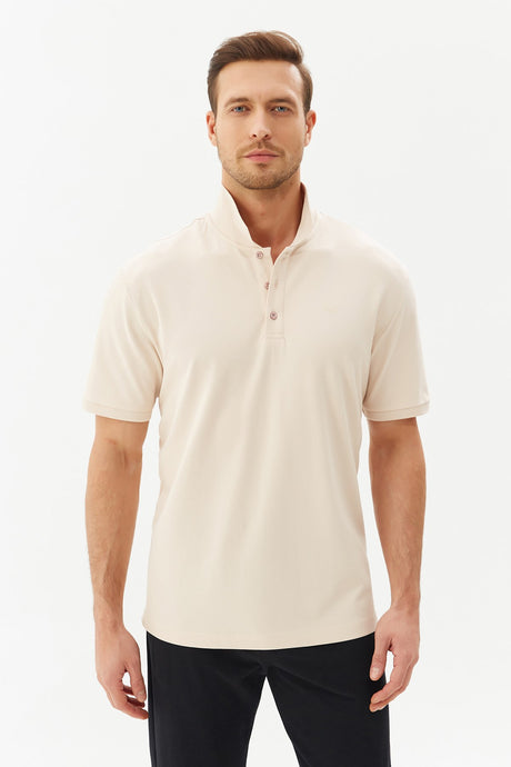 Men's Cream Basic Cotton Solid Color Short Sleeve Sports And Casual Polo Neck T-shirt 8982 Tb20ml07s