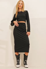 Women's Black Crew Neck Crop Blouse And Midiboy Ribbed Skirt Suit Alc-x10874