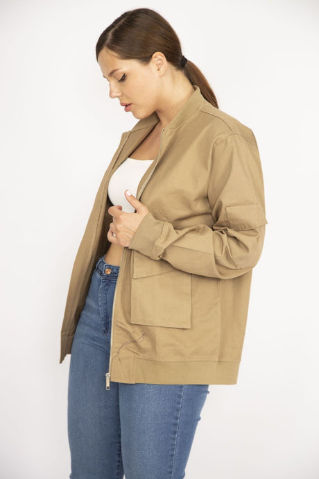 Women Camel Plus Size Front Zipper Pocket Detailed Unlined Coat 65n36649