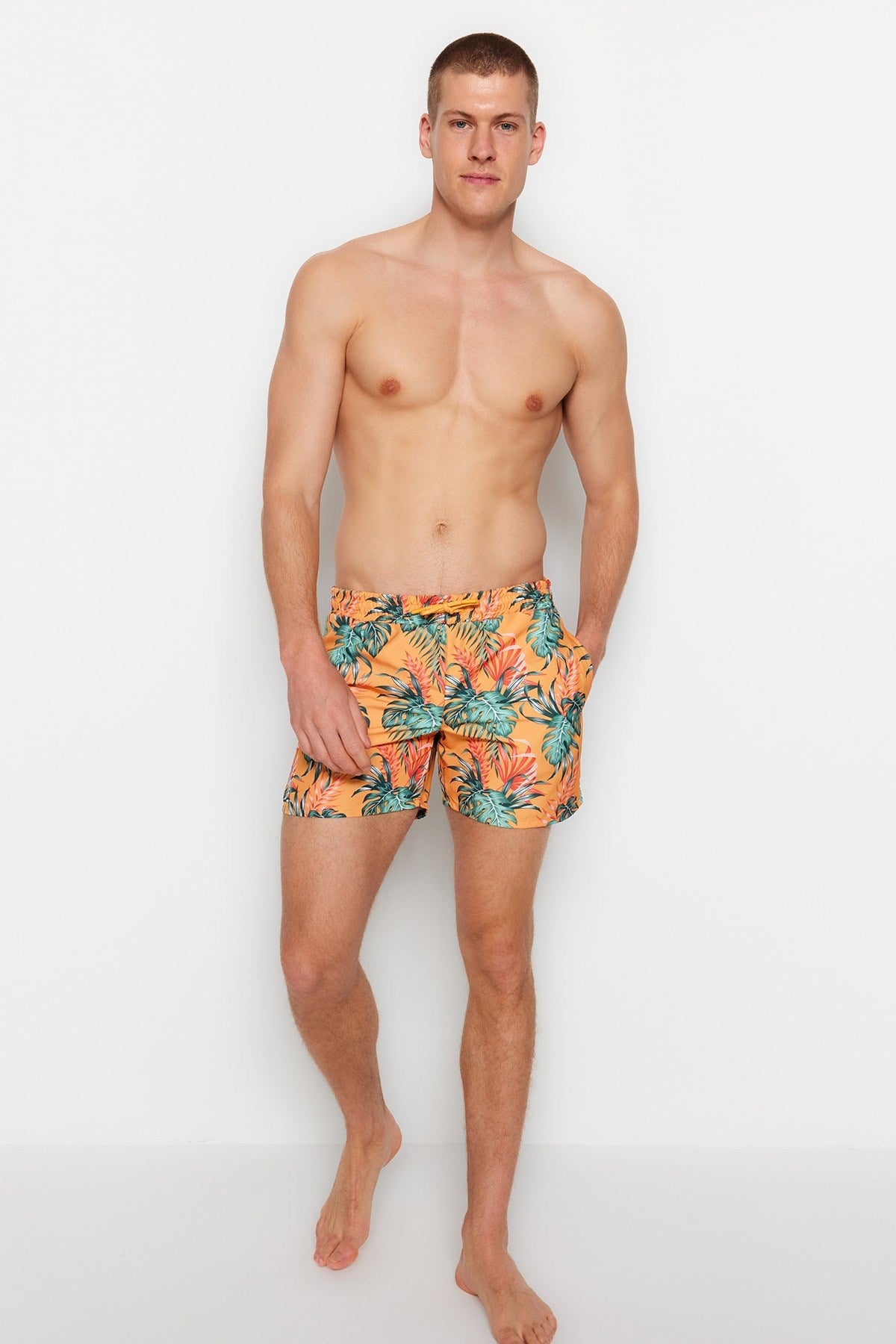 Orange Mens Standard Size Tropical Printed Swimsuit Marine Shorts Tmnss23ds00020