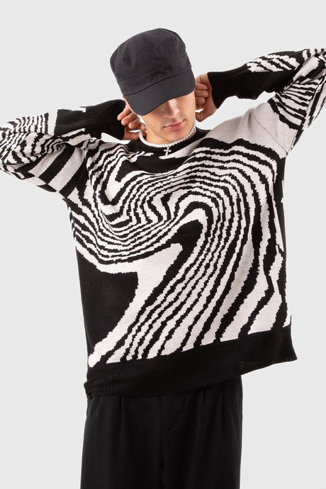 Spiral Pattern Black Knitwear Sweater Flaw-097-007-011