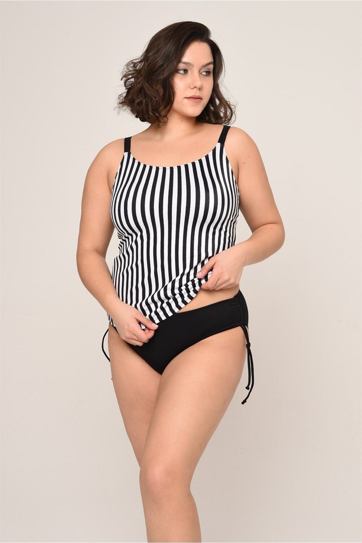 Women's Plus Size Adjustment Strap Side Sliding Black Zigzag Pattern Tankini 98980765