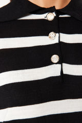 Black White Polo Neck Striped Knitwear Sweater Tctaw24ak00045