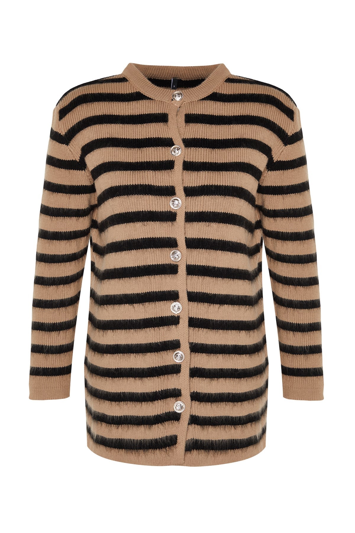 Ecru Navy Striped Gold Button Detailed Soft Textured Knitwear Cardigan Tctaw24th00046