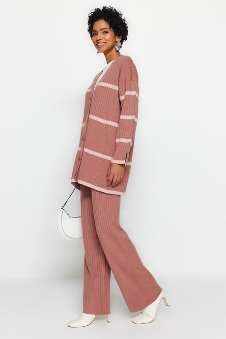 Dusty Rose Wick Knit Sweater Cardigan-pants Bottom-top Suit Tctaw24us00033