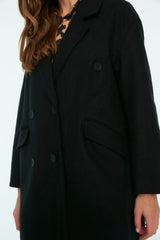 Black Oversize Button Closure Woolen Cashmere Coat Twoaw22kb0234