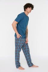 Navy Blue Plaid Knitted Pajama Set Thmss21pt0328