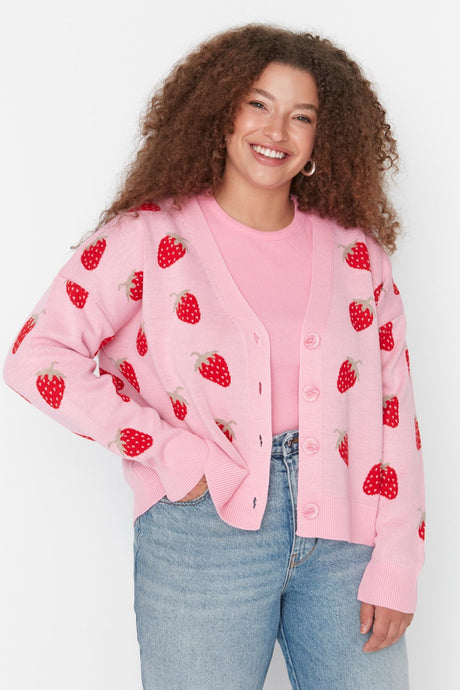 Pink Strawberry Patterned V Neck Knitwear Cardigan Tbbaw23av00028