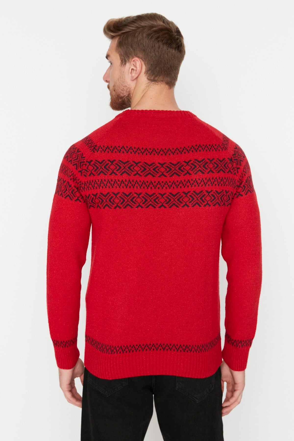 Red Mens Slim Fit Crew Neck Jacquard Knitwear Sweater Tmnaw23kz00012