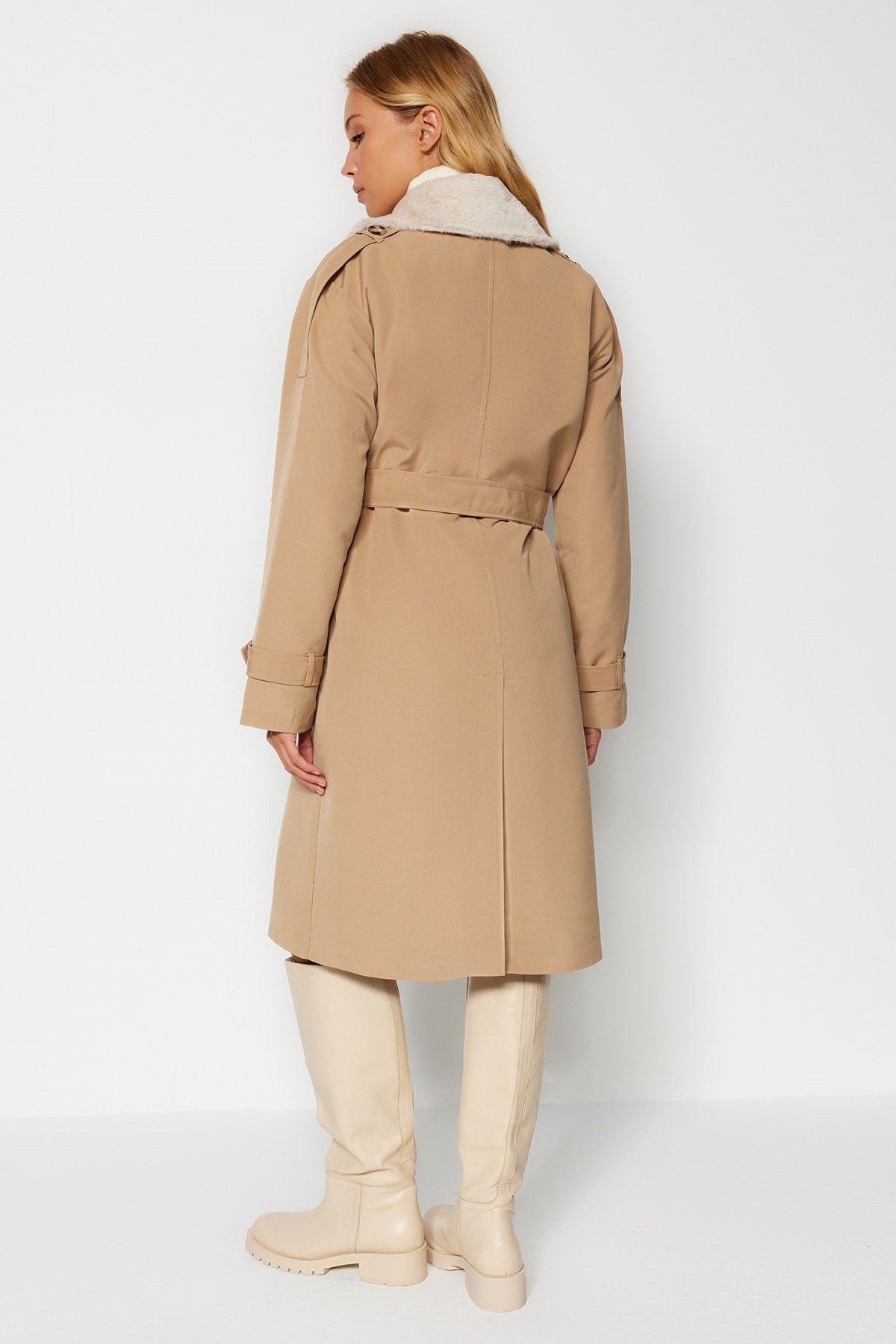 Beige Oversize Wide Cut Collar Plush Detailed Water Repellent Long Trench Coat Twoaw24tr00010