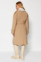 Beige Oversize Wide Cut Collar Plush Detailed Water Repellent Long Trench Coat Twoaw24tr00010