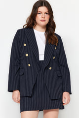 Navy Blue Striped Button Detailed Woven Jacket Tbbaw24ag00027