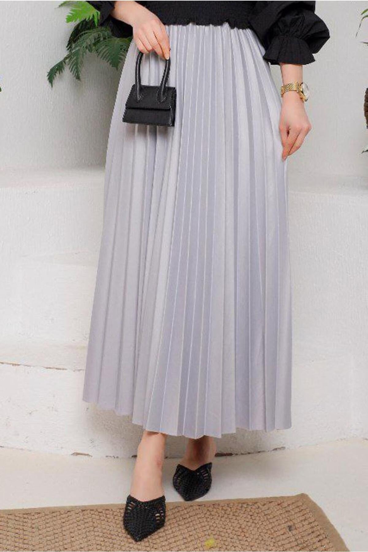 Women's Beige Pleated Skirt 8051 22yetktr8051