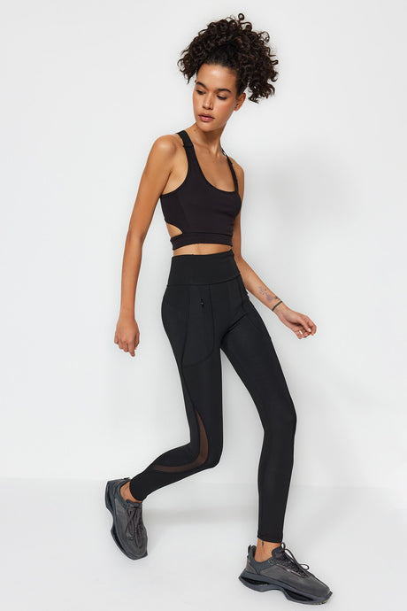 Black Matte Compilation Fabric Pocket, Tulle And Reflector Print Detailed Full Length Sports Legging