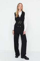 Black Waist Belted Jacket Collar Woven Vest Tctaw23yl00014