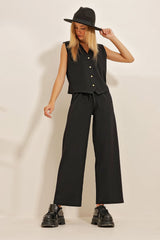 Women's Black V Neck Gold Button Detailed Vest And Pants Duo Set Alc-x10875